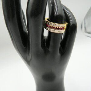 Wide Band Ring Womens Size 6 Imitation Ruby Red Rhinestones Gold Silver Tone